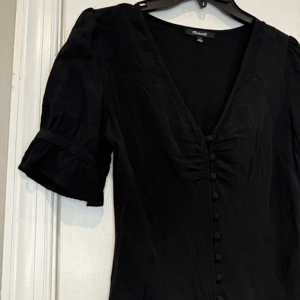 Madewell Black Fitted Button Down Blouse Ruffled Puff Sleeve Black Dressy Size 0